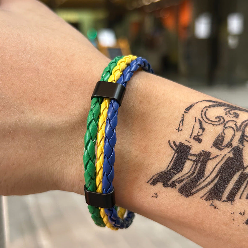 Vintage Style Team Spirit Leather Wristwear Durable Hand-Woven Flag Colors Strap