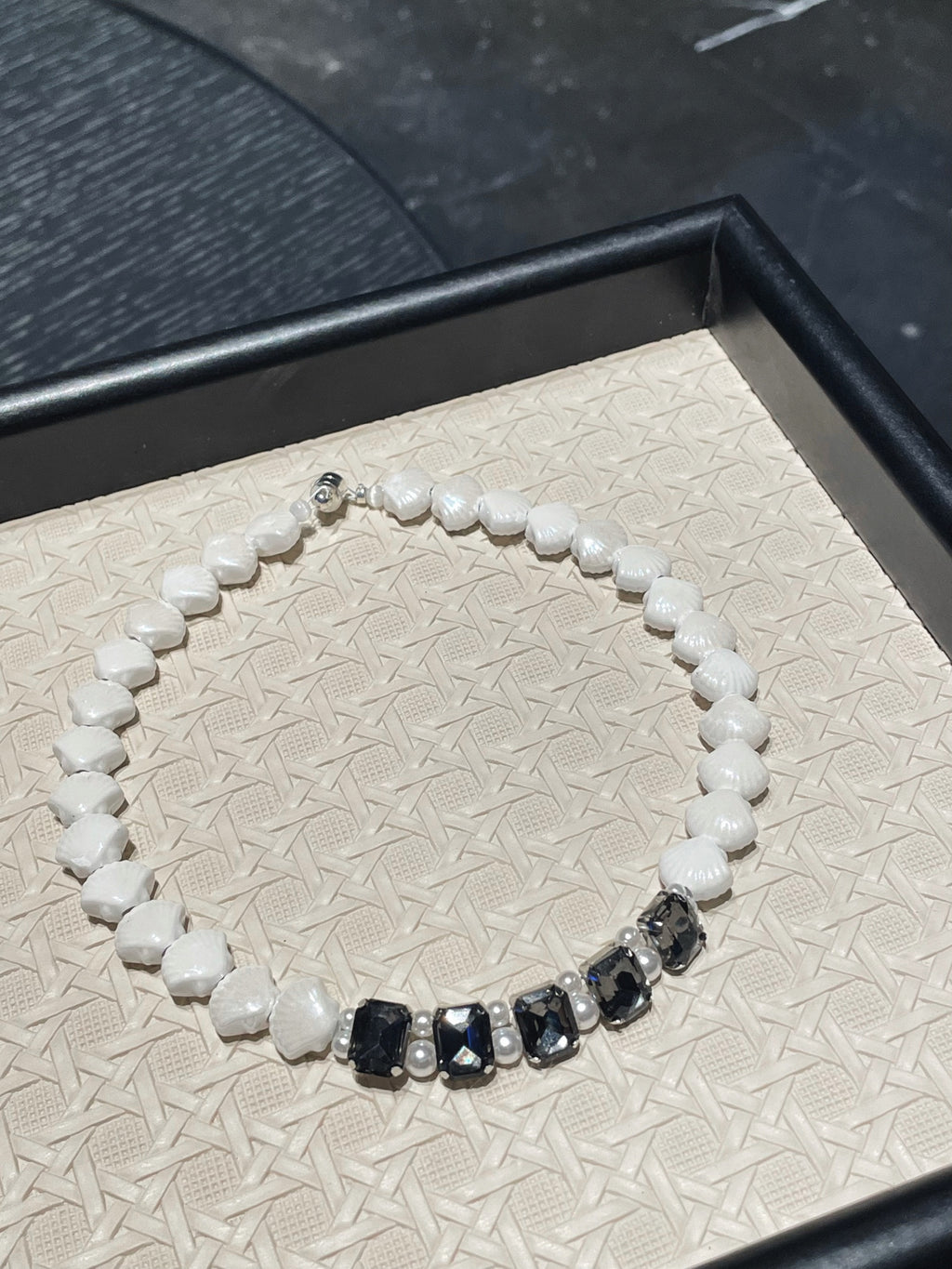 White Ceramic Seashell Pet Necklace With Black Rhinestones