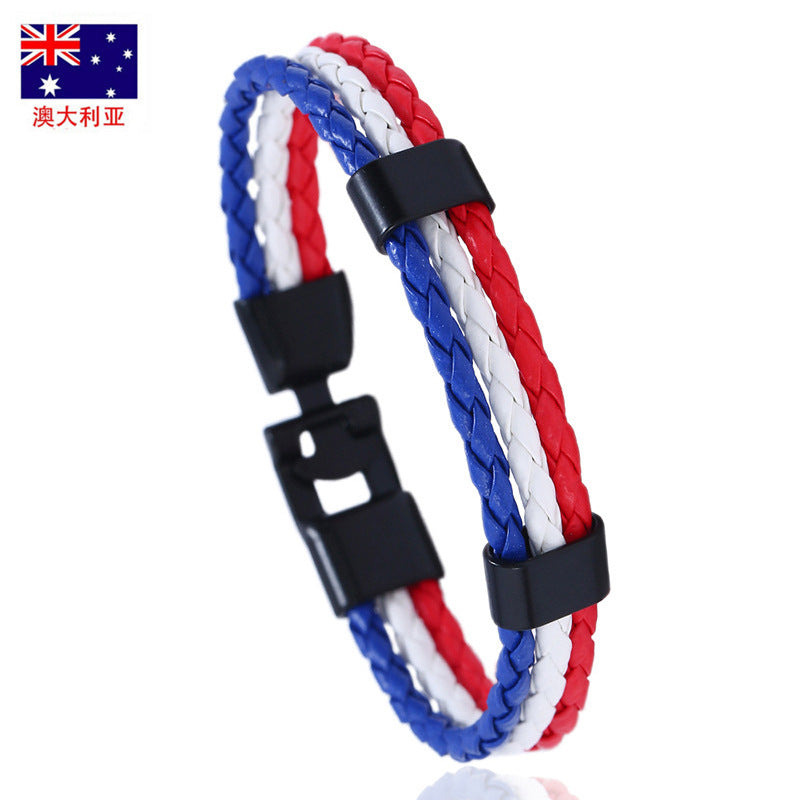 Vintage Style Team Spirit Leather Wristwear Durable Hand-Woven Flag Colors Strap