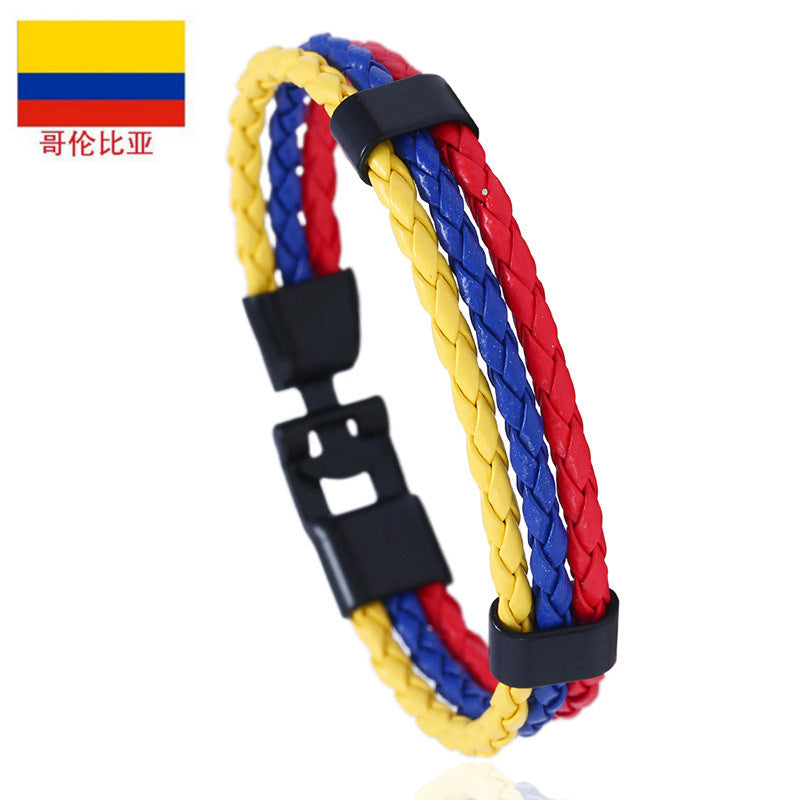 Vintage Style Team Spirit Leather Wristwear Durable Hand-Woven Flag Colors Strap
