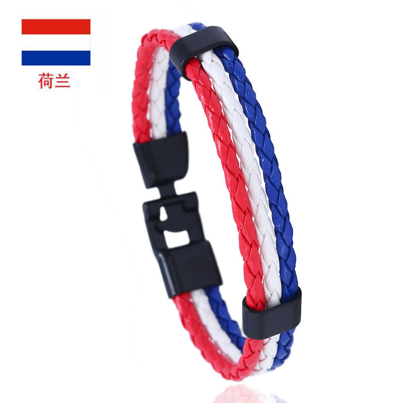 Vintage Style Team Spirit Leather Wristwear Durable Hand-Woven Flag Colors Strap