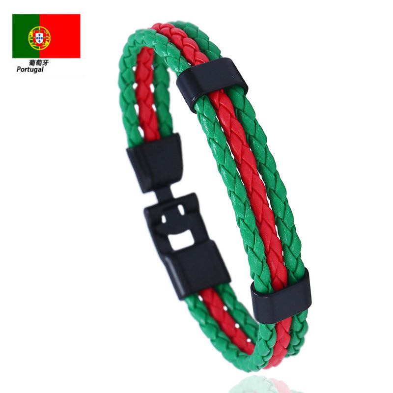 Vintage Style Team Spirit Leather Wristwear Durable Hand-Woven Flag Colors Strap