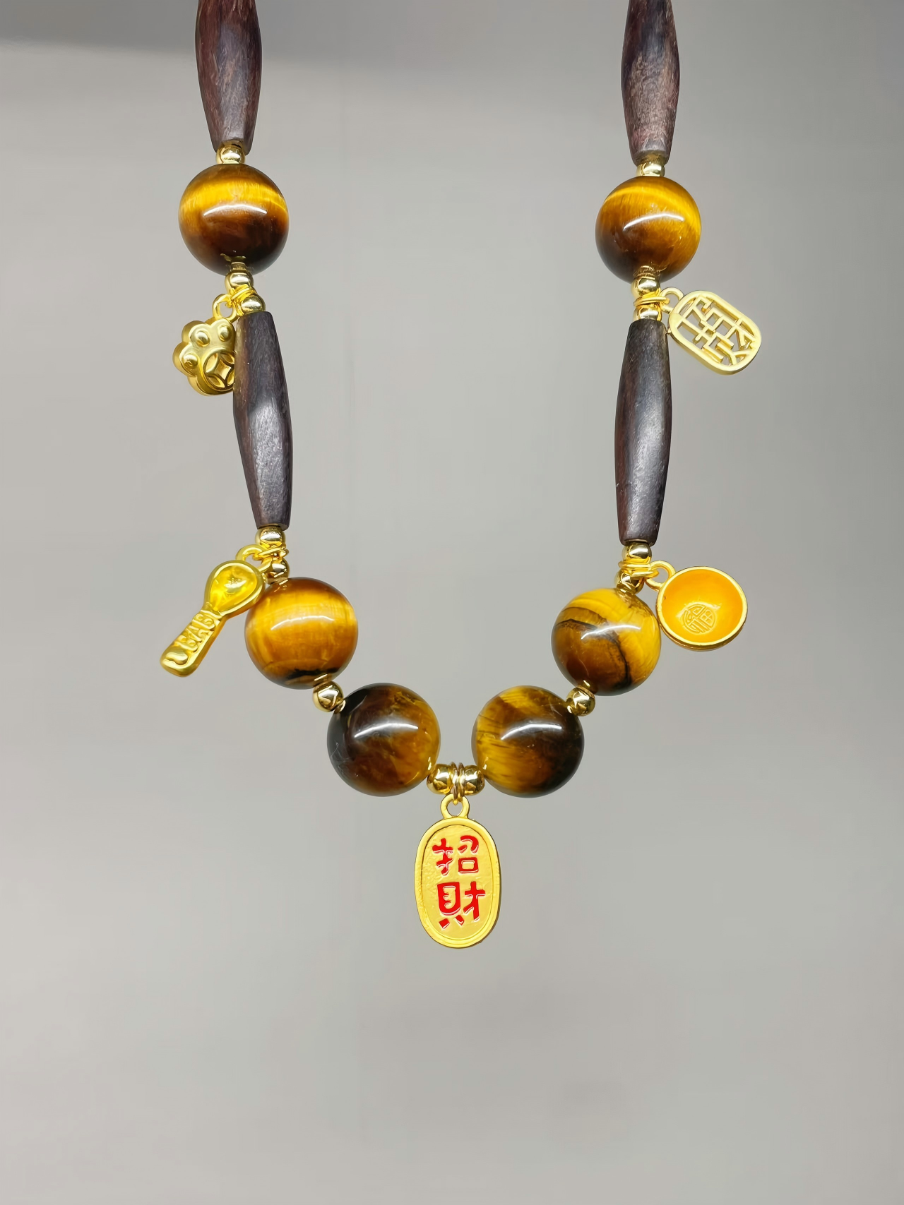 Chinese Ebony Five-Eyed Tiger Stone Amulet For Attracting Wealth for Pet Necklace