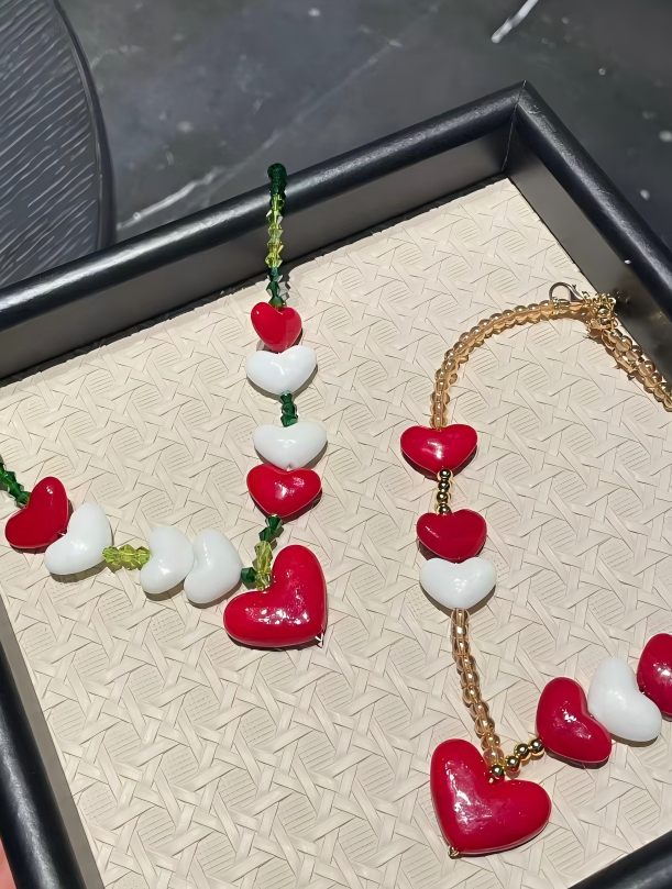 Christmas Red, White And Green Heart Necklace
