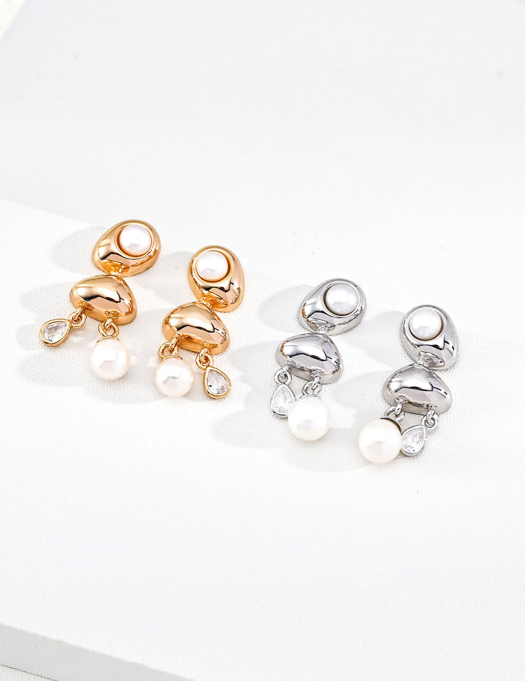 Golden Dewdrop Series Pearl and Zirconia Earrings